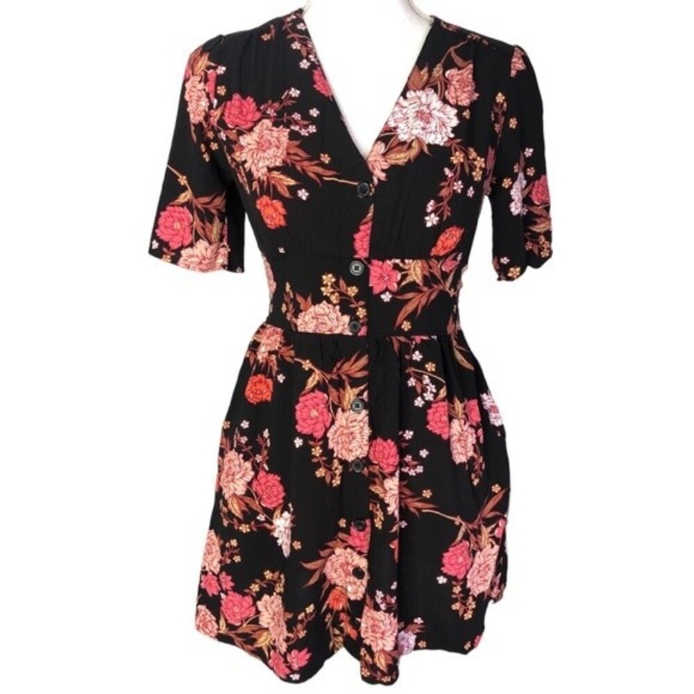 Band of Gypsies Floral Button Front Short Sleeve Mini Dress